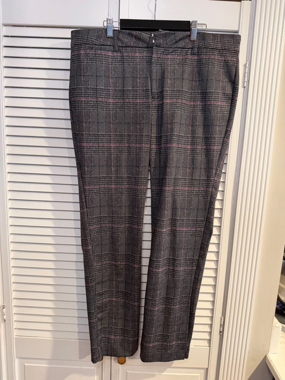 Gray Plaid Straight Leg Pants with Pink Windowpane